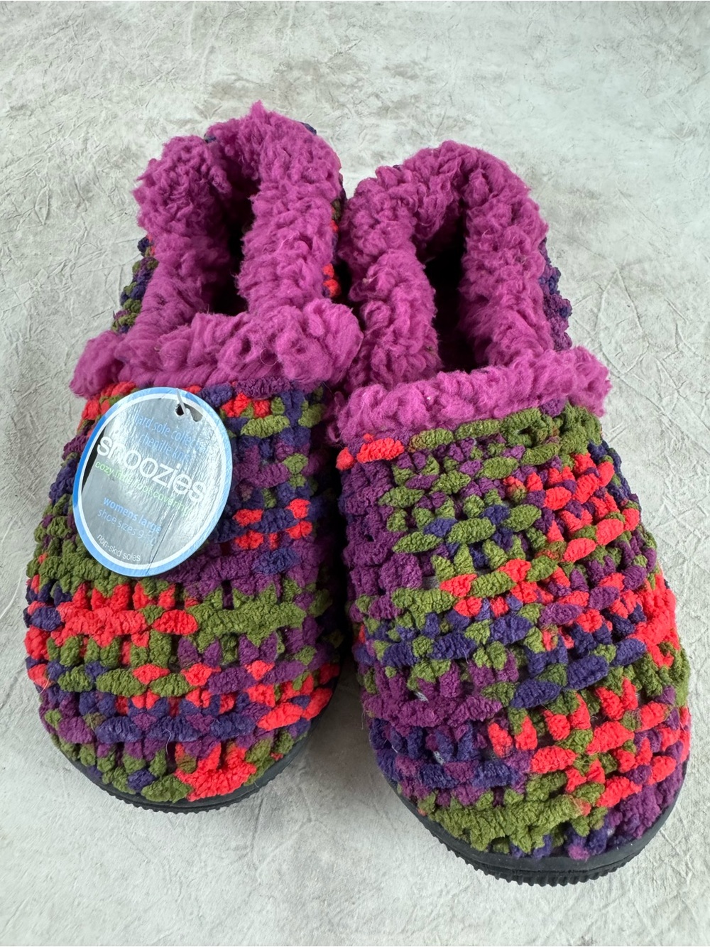 Snoozies! Women's Cozy Crochet Slippers - Purple/Multi color. NWT Large